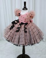 Light Peach and Black Heart Print Twirled Bow Detailed Dress
