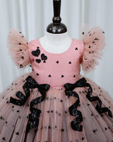 Light Peach and Black Heart Print Twirled Bow Detailed Dress