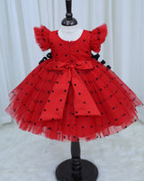 Red and Black Heart Print Twirled Bow Detailed Dress