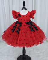 Red and Black Heart Print Twirled Bow Detailed Dress