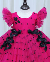 Dark Pink and Black Heart Print Twirled Bow Detailed Dress