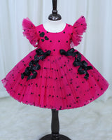 Dark Pink and Black Heart Print Twirled Bow Detailed Dress