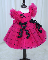 Dark Pink and Black Heart Print Twirled Bow Detailed Dress