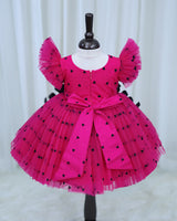 Dark Pink and Black Heart Print Twirled Bow Detailed Dress