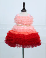 Peach & Red Frilled Frock With Beaded Waist Belt