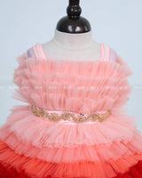 Peach & Red Frilled Frock With Beaded Waist Belt