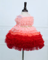 Peach & Red Frilled Frock With Beaded Waist Belt