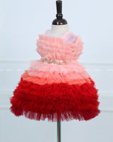 Peach & Red Frilled Frock With Beaded Waist Belt