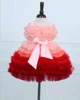 Peach & Red Frilled Frock With Beaded Waist Belt