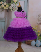 Light lavender & Purple Frilled Frock With Beaded Waist Belt.