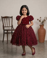 Wine Red Embellished Feather Frock