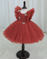 Net Sleeveless Ruffled Yoke Butterfly Theme Knee-Length Frock-Brick Red(New)(Bestseller)