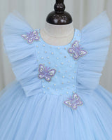Net Sleeveless Ruffled Yoke Butterfly Theme Knee-Length Frock-Dusty Blue