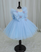 Net Sleeveless Ruffled Yoke Butterfly Theme Knee-Length Frock-Dusty Blue