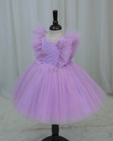 Net Sleeveless Ruffled Yoke Butterfly Theme Knee-Length Frock-Light Lavender (Bestseller)