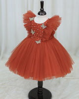Net Sleeveless Ruffled Yoke Butterfly Theme Knee-Length Frock-Burnt Orange(New)