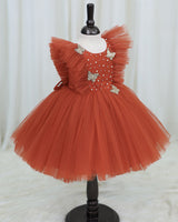 Net Sleeveless Ruffled Yoke Butterfly Theme Knee-Length Frock-Burnt Orange(New)