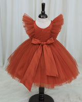 Net Sleeveless Ruffled Yoke Butterfly Theme Knee-Length Frock-Burnt Orange(New)