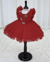 Net Sleeveless Ruffled Yoke Butterfly Theme Knee-Length Frock-Red