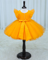 Net Sleeveless Ruffled Yoke Ice cream Theme Knee-Length Frock-Yellow(New)