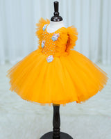 Net Sleeveless Ruffled Yoke Ice cream Theme Knee-Length Frock-Yellow(New)