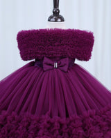 Net Cold-Shoulder Princess Frilled Layered Calf length Frock with Detachable Bow-Plum Purple(New)