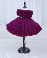 Net Cold-Shoulder Princess Frilled Layered Calf length Frock with Detachable Bow-Plum Purple(New)
