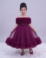Net Cold-Shoulder Princess Frilled Layered Calf length Frock with Detachable Bow-Plum Purple(New)