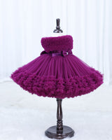 Net Cold-Shoulder Princess Frilled Layered Calf length Frock with Detachable Bow-Plum Purple(New)