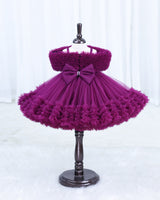 Net Cold-Shoulder Princess Frilled Layered Calf length Frock with Detachable Bow-Plum Purple(New)