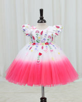 Net Puff-Sleeved Aari and 3D Floral-Embellished Calf-Length Frock - Neon Pink & White(New)