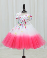 Net Puff-Sleeved Aari and 3D Floral-Embellished Calf-Length Frock - Neon Pink & White(New)