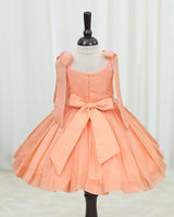 Net cotta Sleeveless Floral Embroidered Knee-Length Frock with Bow Tie on Shoulder - Peach (New)