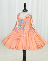 Net cotta Sleeveless Floral Embroidered Knee-Length Frock with Bow Tie on Shoulder - Peach (New)