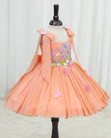 Net cotta Sleeveless Floral Embroidered Knee-Length Frock with Bow Tie on Shoulder - Peach (New)