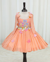 Net cotta Sleeveless Floral Embroidered Knee-Length Frock with Bow Tie on Shoulder - Peach (New)