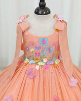 Net cotta Sleeveless Floral Embroidered Knee-Length Frock with Bow Tie on Shoulder - Peach (New)