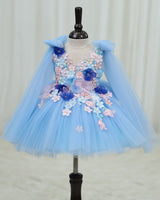 Net Sleeveless Floral Applique Garden Knee-Length Frock - Dusty Blue (New)