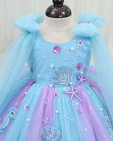 Net Sleeveless Fit & Flare Aqua Marine Calf Length Frock - Baby Blue & Lavender (New)