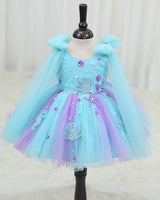 Net Sleeveless Fit & Flare Aqua Marine Calf Length Frock - Baby Blue & Lavender (New)