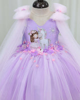 Net Sleeveless Fit & Flare Unicorn Knee Length Frock - Lavender (New)