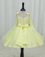Net cotta Sleeveless Floral Embroidered Knee-Length Frock with Bow Tie on Shoulder - Yellow (New)