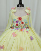 Net cotta Sleeveless Floral Embroidered Knee-Length Frock with Bow Tie on Shoulder - Yellow (New)