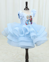 Net Puff Sleeve Frozen Character-Themed Calf-Length Frock - Dusty Blue (New)