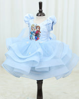 Net Puff Sleeve Frozen Character-Themed Calf-Length Frock - Dusty Blue (New)