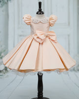 Imported Satin Puff-Sleeve Box-Pleat Bow Knee-Length Frock - Light Wheat (New)