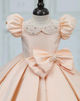 Imported Satin Puff-Sleeve Box-Pleat Bow Knee-Length Frock - Light Wheat (New)