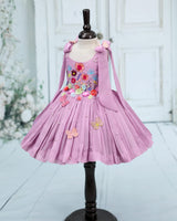 Net cotta Sleeveless Floral Embroidered Knee-Length Frock with Bow Tie on Shoulder - Lavender (New)