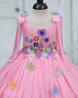 Net cotta Sleeveless Floral Embroidered Knee-Length Frock with Bow Tie on Shoulder - Baby Pink (New)