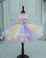 Net Strap-Sleeve Fantasy Unicorn & Rainbow Knee-Length Frock - Rainbow Colours (New)